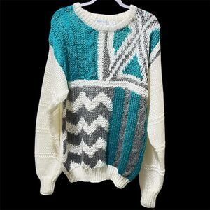 Vintage 90s Knit Sweater, Betty Blue, Multi Pattern, XL, White, Blue, Gray